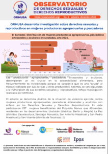 Lee más sobre el artículo Boletín N° 4 – 2024 – ORMUSA desarrolla investigación sobre derechos sexuales y reproductivos en mujeres productoras agropecuarias y pescadoras