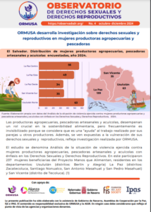 Lee más sobre el artículo Boletín N° 4 – 2024 – ORMUSA desarrolla investigación sobre derechos sexuales y reproductivos en mujeres productoras agropecuarias y pescadoras